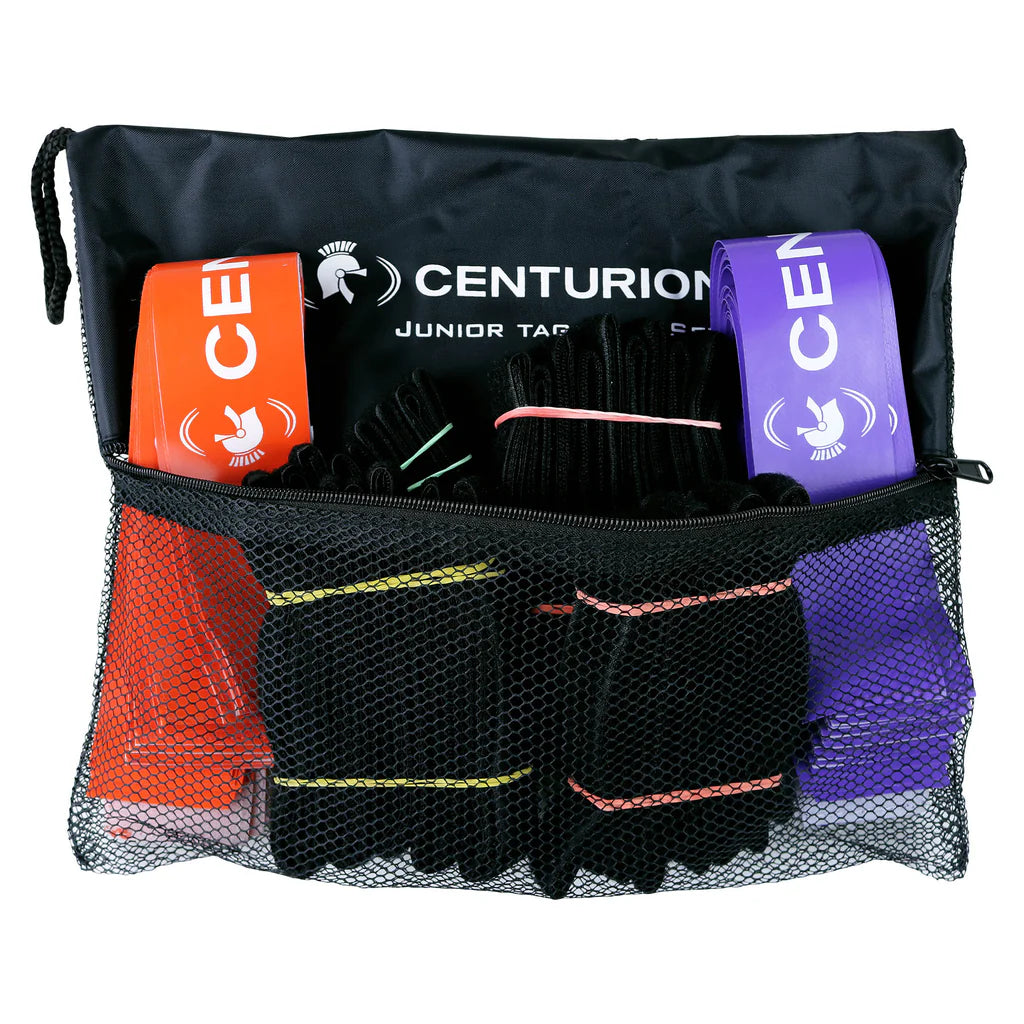 The Centurion Junior Rugby Tag Set includes orange and purple tag belts with black Velcro straps, all stored in a black mesh bag—perfect child rugby training equipment from Centurion.
