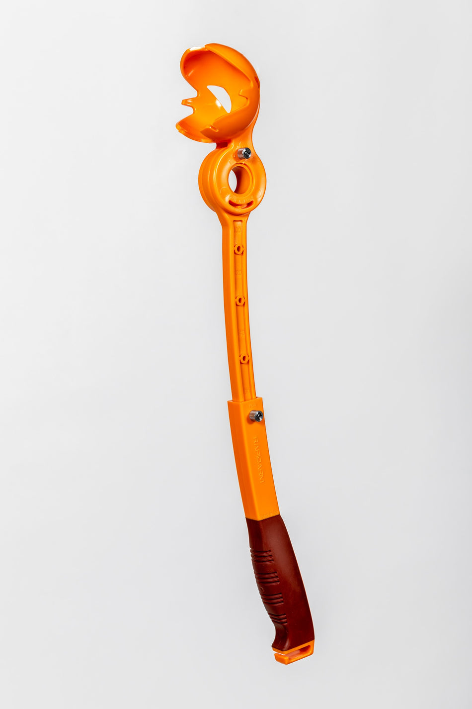 The RapidArm+ Ball Thrower by RapidArm, featuring an orange plastic body, brown handle, and adjustable arm for dog ball throwing, is shown against a plain white background.