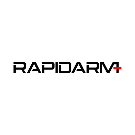 The image shows the word "RapidArm" in bold black modern font for the RapidArm+ Ball Thrower, with a stylized "M" and a small red plus sign to its right on a white background.
