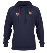 The Gray Nicolls Redmarley CC Velocity Hoodie in navy features an embroidered crest and text on the left chest, a small red and white logo on the right, drawstrings, ribbed cuffs and hem, and is crafted from sustainable cotton in an active fit.
