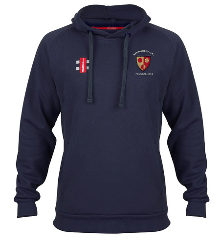 The Gray Nicolls Redmarley CC Velocity Hoodie in navy features an embroidered crest and text on the left chest, a small red and white logo on the right, drawstrings, ribbed cuffs and hem, and is crafted from sustainable cotton in an active fit.