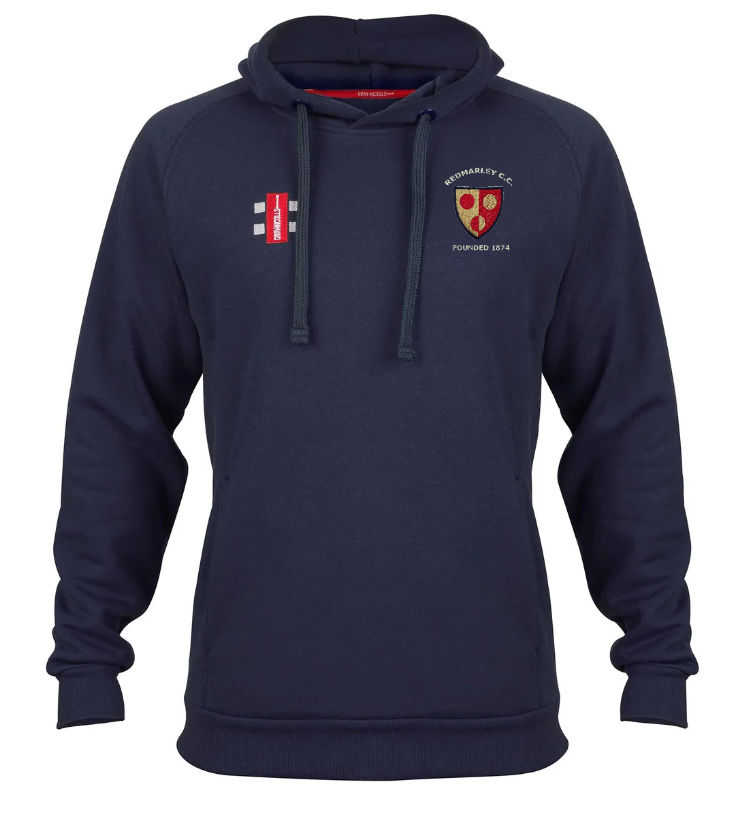 The Gray Nicolls Redmarley CC Velocity Hoodie in navy features an embroidered crest and text on the left chest, a small red and white logo on the right, drawstrings, ribbed cuffs and hem, and is crafted from sustainable cotton in an active fit.