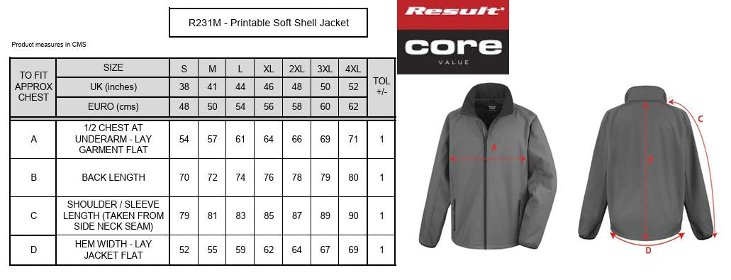 Size chart and images for the Result Soft Shell Umpire Jacket by Result—perfect as an umpire or cricket umpire jacket. UK/EU sizes with measurements listed. Features two views of the grey jacket: front and back.