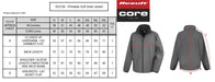 Size chart and images for the Result Soft Shell Umpire Jacket by Result—perfect as an umpire or cricket umpire jacket. UK/EU sizes with measurements listed. Features two views of the grey jacket: front and back.