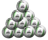 A pyramid stack of ten white Rhino Cyclone Netball balls with black and green curved accents, each showing the Rhino logo and brand name. Ideal for schools and clubs, this ten pack is displayed against a plain white background.