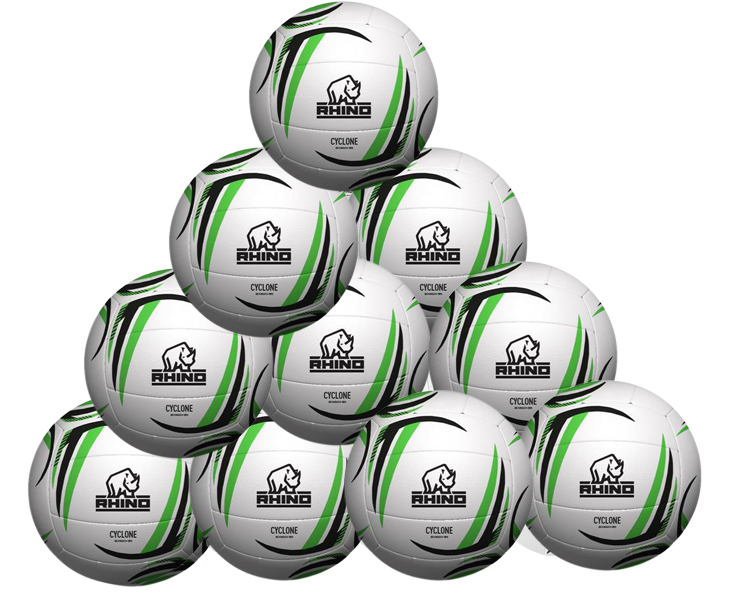 A pyramid stack of ten white Rhino Cyclone Netball balls with black and green curved accents, each showing the Rhino logo and brand name. Ideal for schools and clubs, this ten pack is displayed against a plain white background.