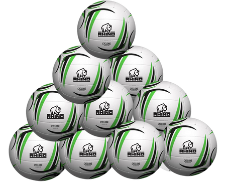 A pyramid stack of ten white Rhino Cyclone Netball balls with black and green curved accents, each showing the Rhino logo and brand name. Ideal for schools and clubs, this ten pack is displayed against a plain white background.