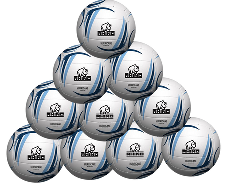 A pyramid stack of ten Rhino Hurricane Netball SZ5 balls, each featuring white with blue accents and the RHINO brand logo.