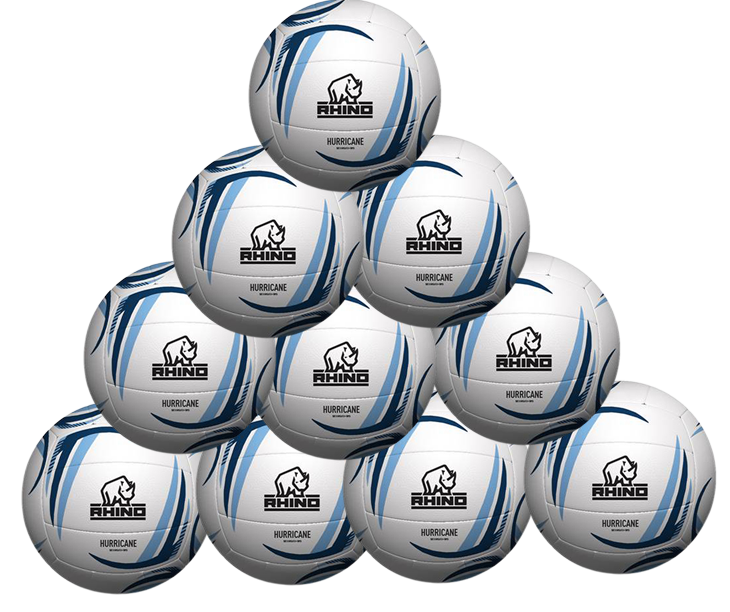 A pyramid stack of ten Rhino Hurricane Netball SZ5 balls, each featuring white with blue accents and the RHINO brand logo.