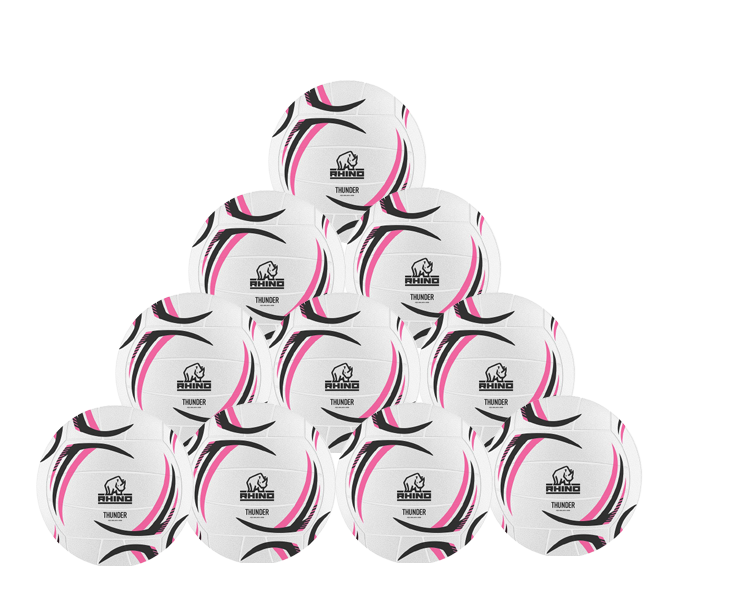 Ten Rhino Thunder Netball balls from Rhino are arranged in a pyramid against a light background, featuring black and pink curved designs. The ten-pack highlights their versatile qualities for all-purpose netball training.