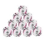 Ten Rhino Thunder Netball balls from Rhino are arranged in a pyramid against a light background, featuring black and pink curved designs. The ten-pack highlights their versatile qualities for all-purpose netball training.