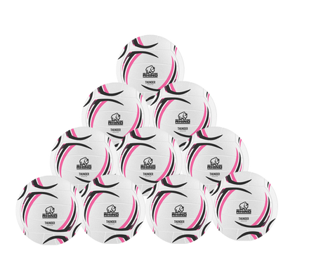 Ten Rhino Thunder Netball balls from Rhino are arranged in a pyramid against a light background, featuring black and pink curved designs. The ten-pack highlights their versatile qualities for all-purpose netball training.