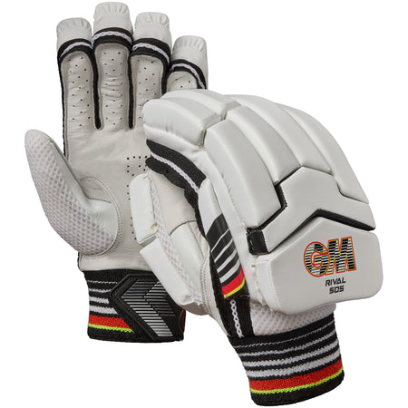 The Gunn & Moore Rival 505 Batting Gloves 2026 are lightweight white gloves with black, red, and yellow accents, featuring a ventilated mesh palm, padded back with GM RIVAL 505 branding, and advanced finger protection.