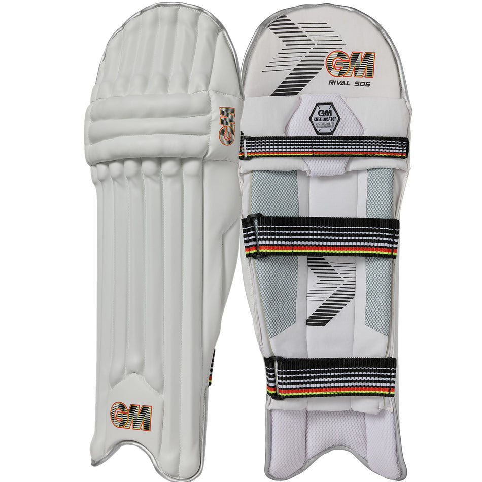 A pair of Gunn & Moore Rival 505 Batting Pads 2026 in white, shown front and back. The front has padded vertical sections; the back shows adjustable black straps with orange, yellow, and white trim for cricket protection.