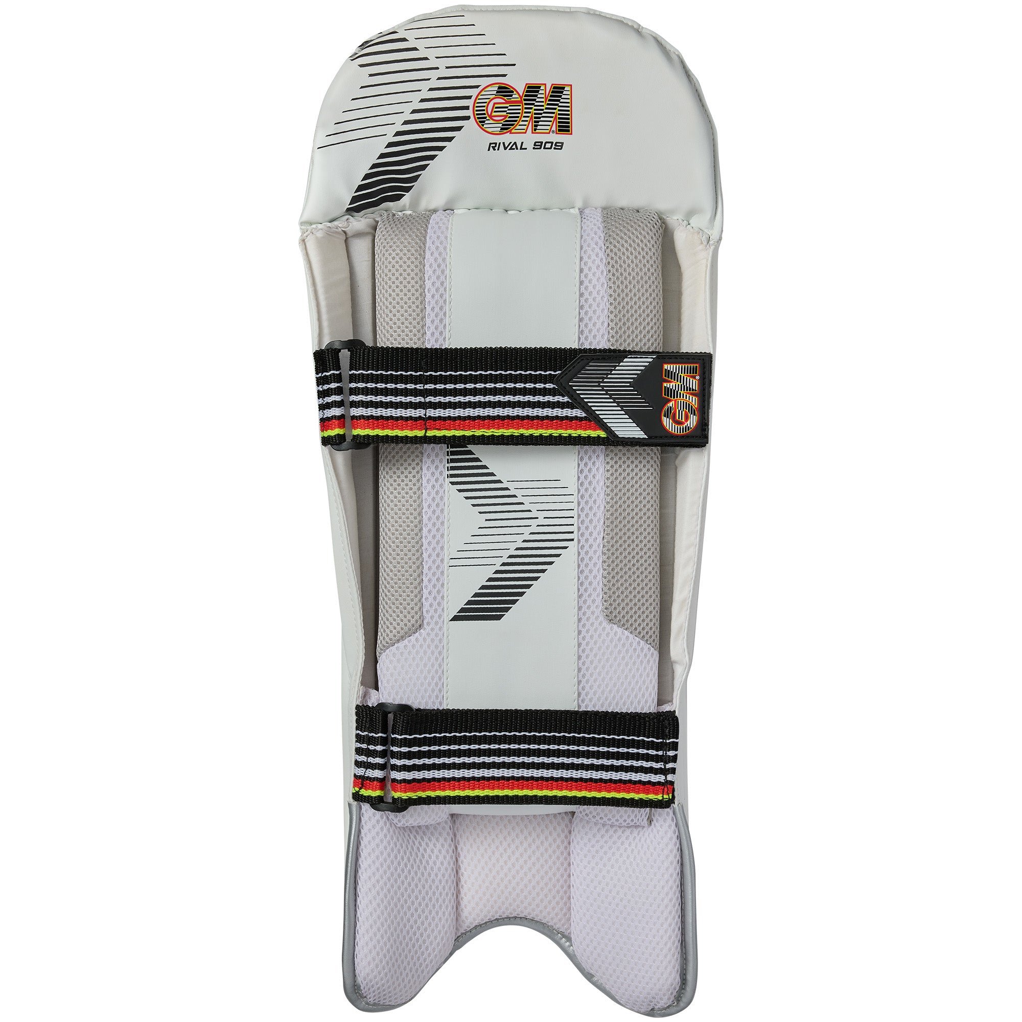 The Gunn & Moore Rival 909 Wicket Keeping Pads 2026 are white adult keeper pads with black, grey, and orange accents, GM branding, two striped black straps, and lightweight protection.