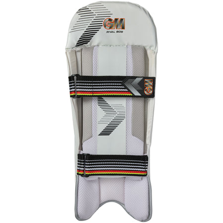 The Gunn & Moore Rival 909 Wicket Keeping Pads 2026 are white adult keeper pads with black, grey, and orange accents, GM branding, two striped black straps, and lightweight protection.