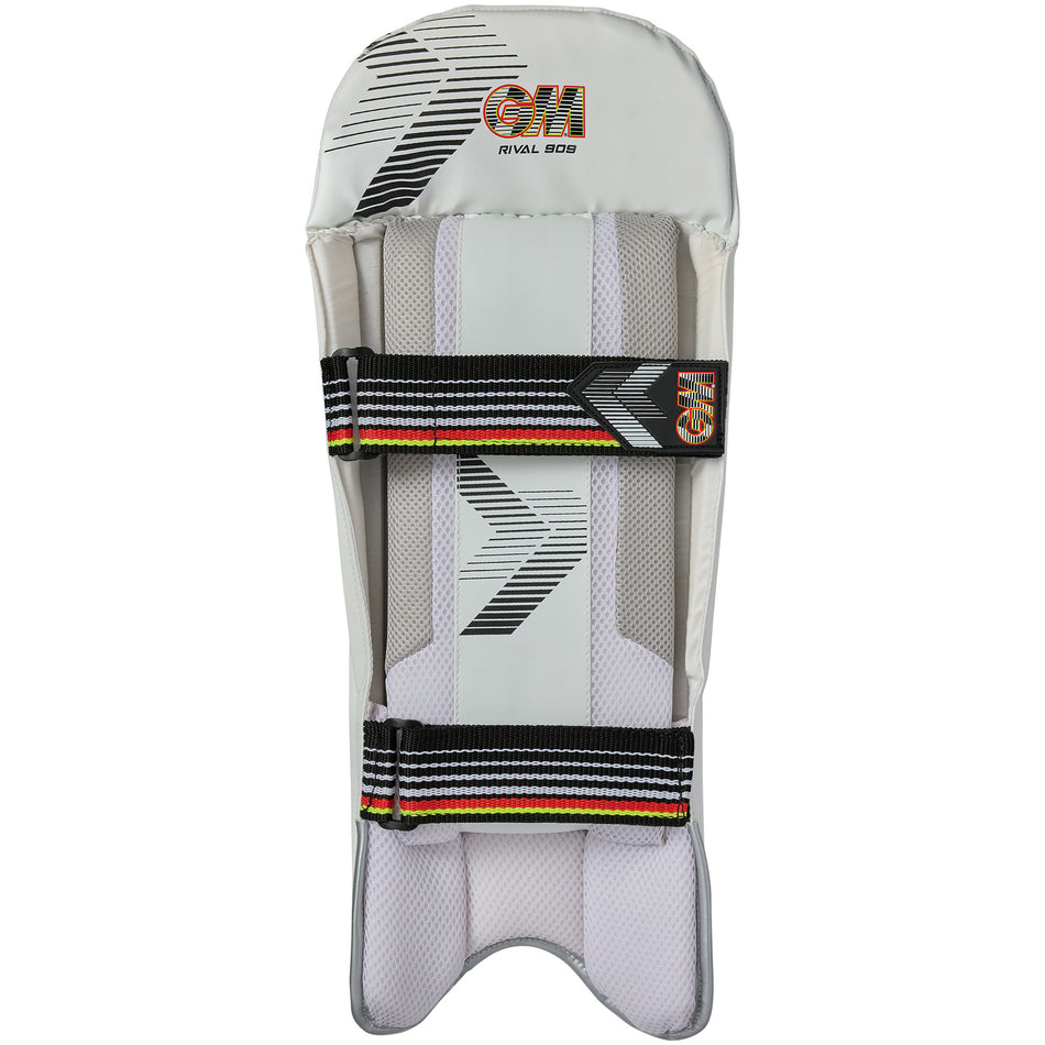 The Gunn & Moore Rival 909 Wicket Keeping Pads 2026 are white adult keeper pads with black, grey, and orange accents, GM branding, two striped black straps, and lightweight protection.