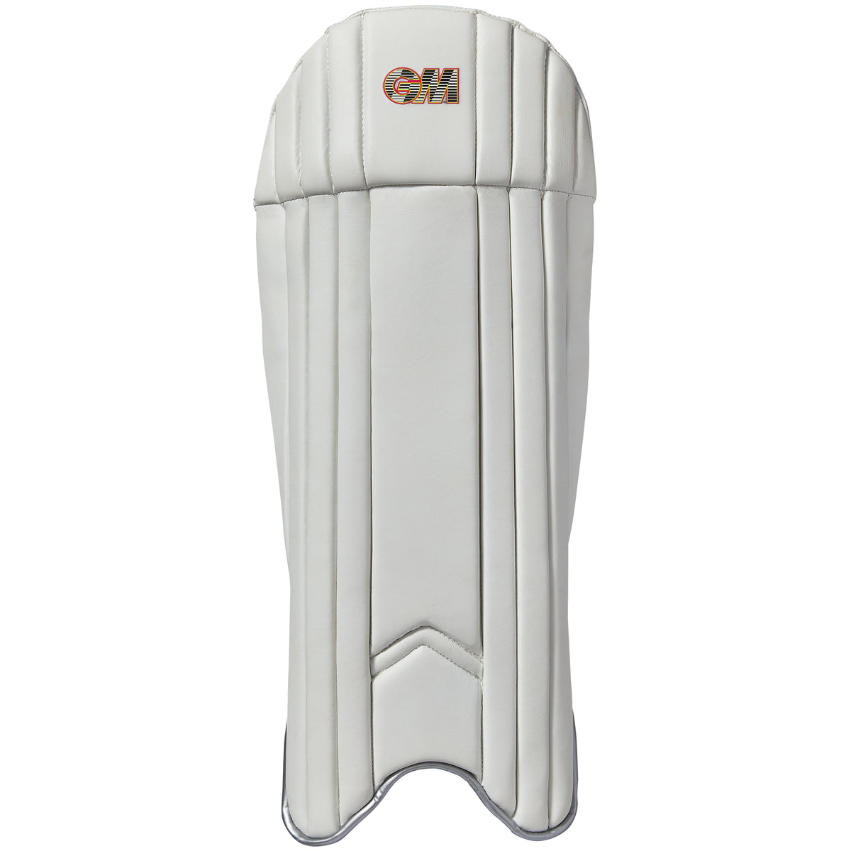 The Gunn & Moore Rival 909 Wicket Keeping Pads 2026 are lightweight white adult pads with vertical stitched panels, offering protection and displaying the red and gold GM logo at the top center—ideal for wicket keepers.