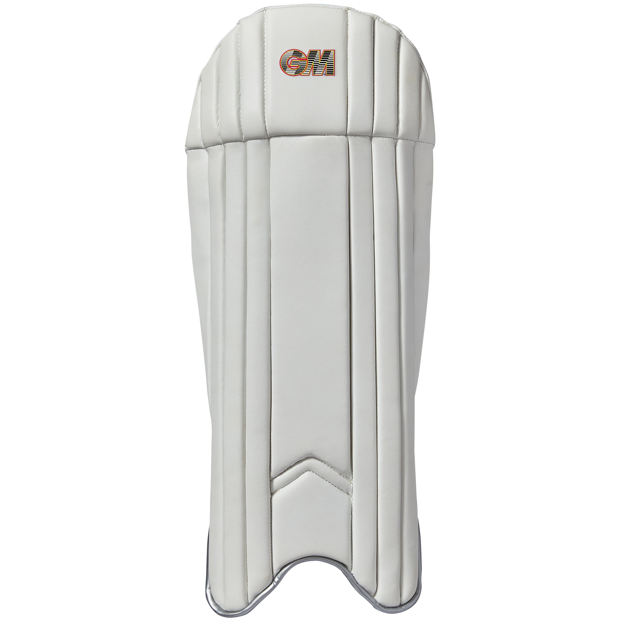 The Gunn & Moore Rival 909 Wicket Keeping Pads 2026 are lightweight white adult pads with vertical stitched panels, offering protection and displaying the red and gold GM logo at the top center—ideal for wicket keepers.