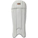 The Gunn & Moore Rival 909 Wicket Keeping Pads 2026 are lightweight white adult pads with vertical stitched panels, offering protection and displaying the red and gold GM logo at the top center—ideal for wicket keepers.