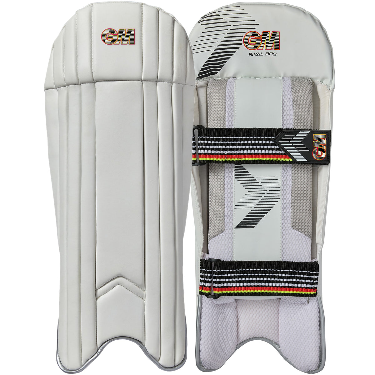 A pair of white Gunn & Moore Rival 909 Wicket Keeping Pads 2026, one showing stitched front panels with GM branding and the other displaying the back with two adjustable straps and colorful edging for lightweight protection.