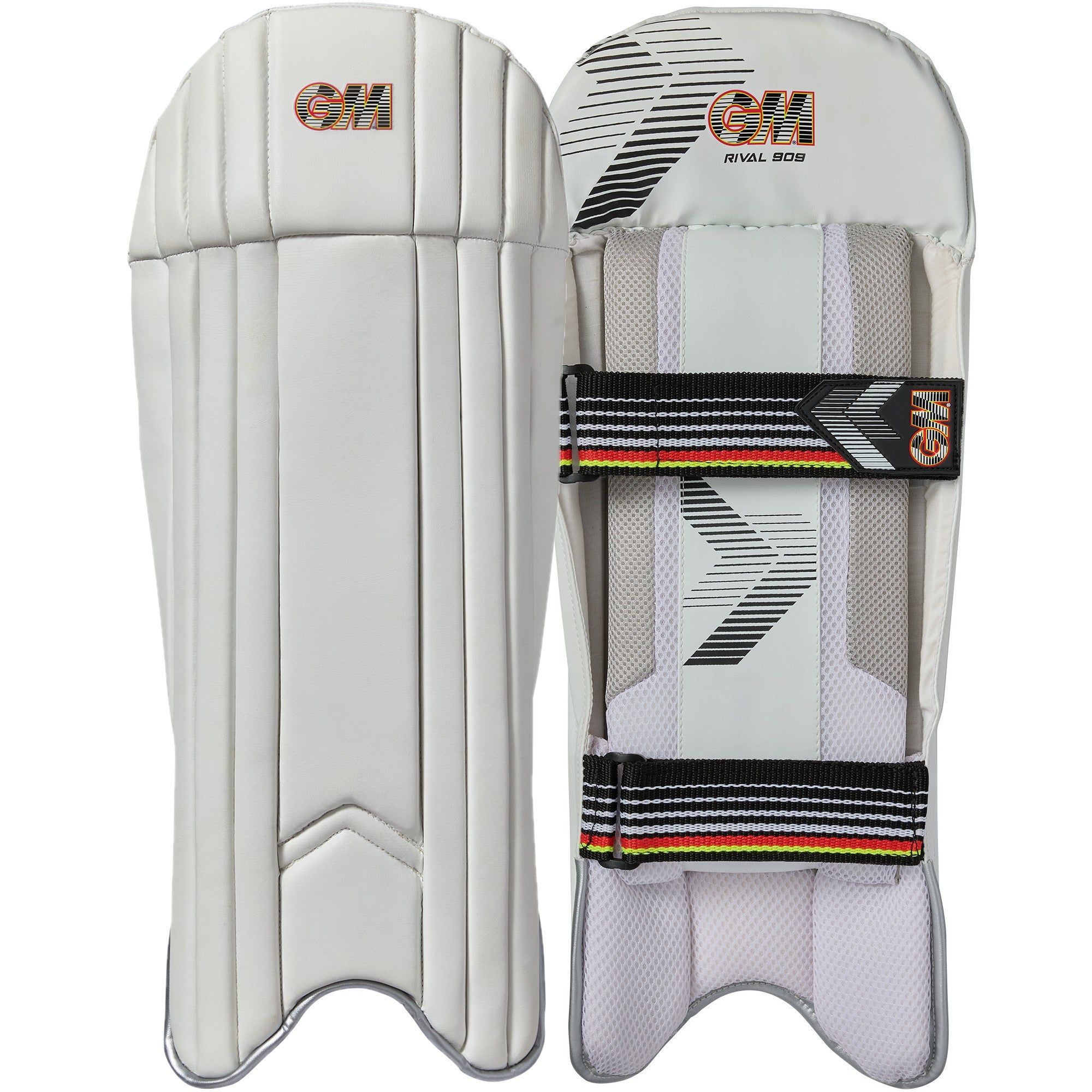 A pair of white Gunn & Moore Rival 909 Wicket Keeping Pads 2026, one showing stitched front panels with GM branding and the other displaying the back with two adjustable straps and colorful edging for lightweight protection.