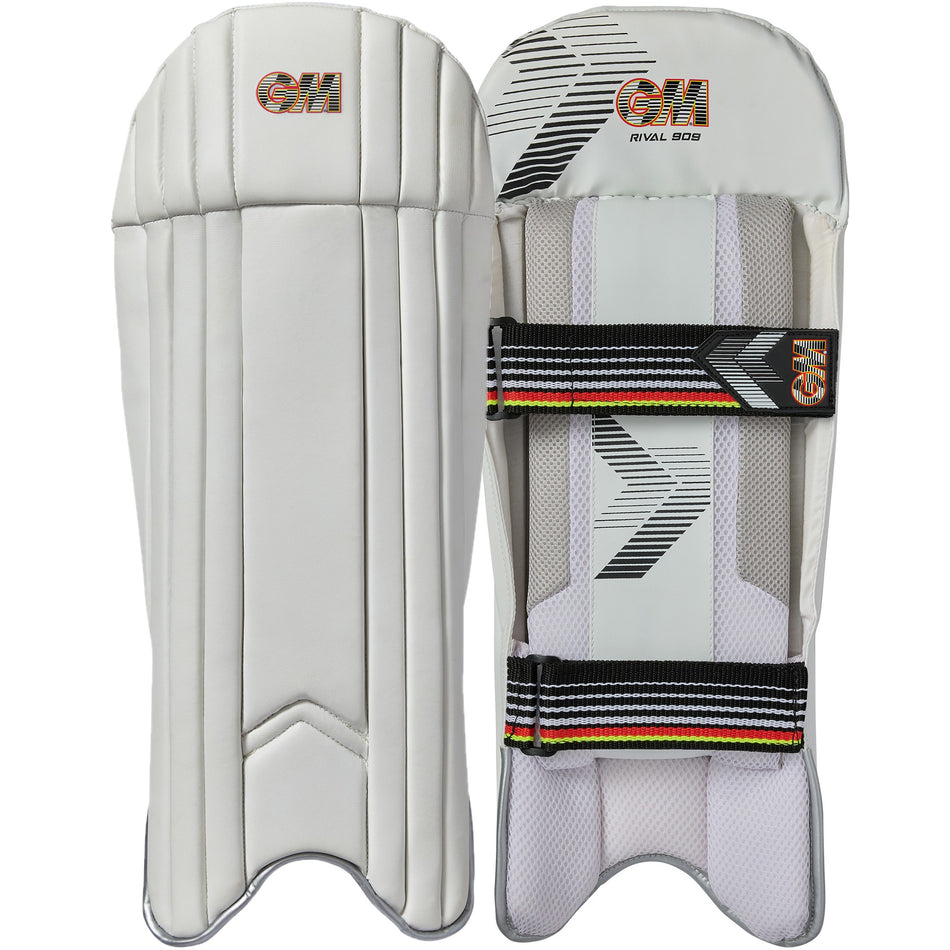 A pair of white Gunn & Moore Rival 909 Wicket Keeping Pads 2026, one showing stitched front panels with GM branding and the other displaying the back with two adjustable straps and colorful edging for lightweight protection.