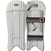 A pair of white Gunn & Moore Rival 909 Wicket Keeping Pads 2026, one showing stitched front panels with GM branding and the other displaying the back with two adjustable straps and colorful edging for lightweight protection.