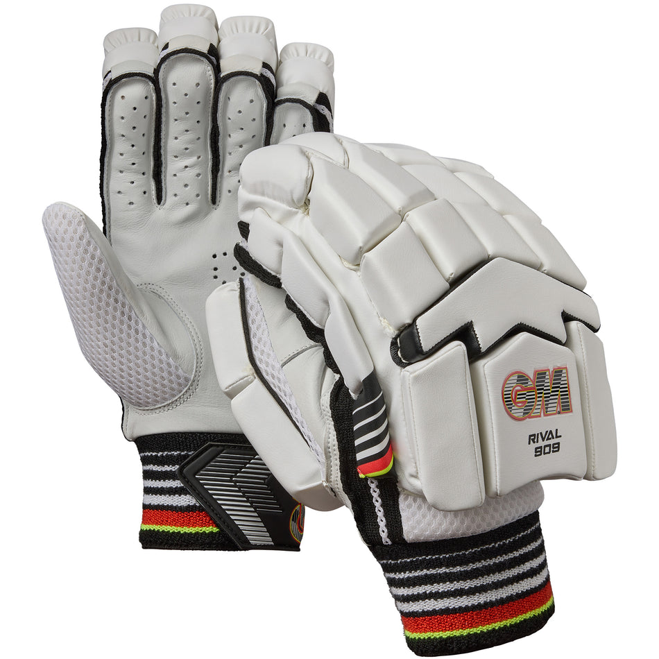 A pair of white Gunn & Moore Rival 909 Batting Gloves 2026 with black, red, yellow, and green striped cuffs; one glove shows the ventilated palm, the other reveals padded back and GM branding for professional protection.