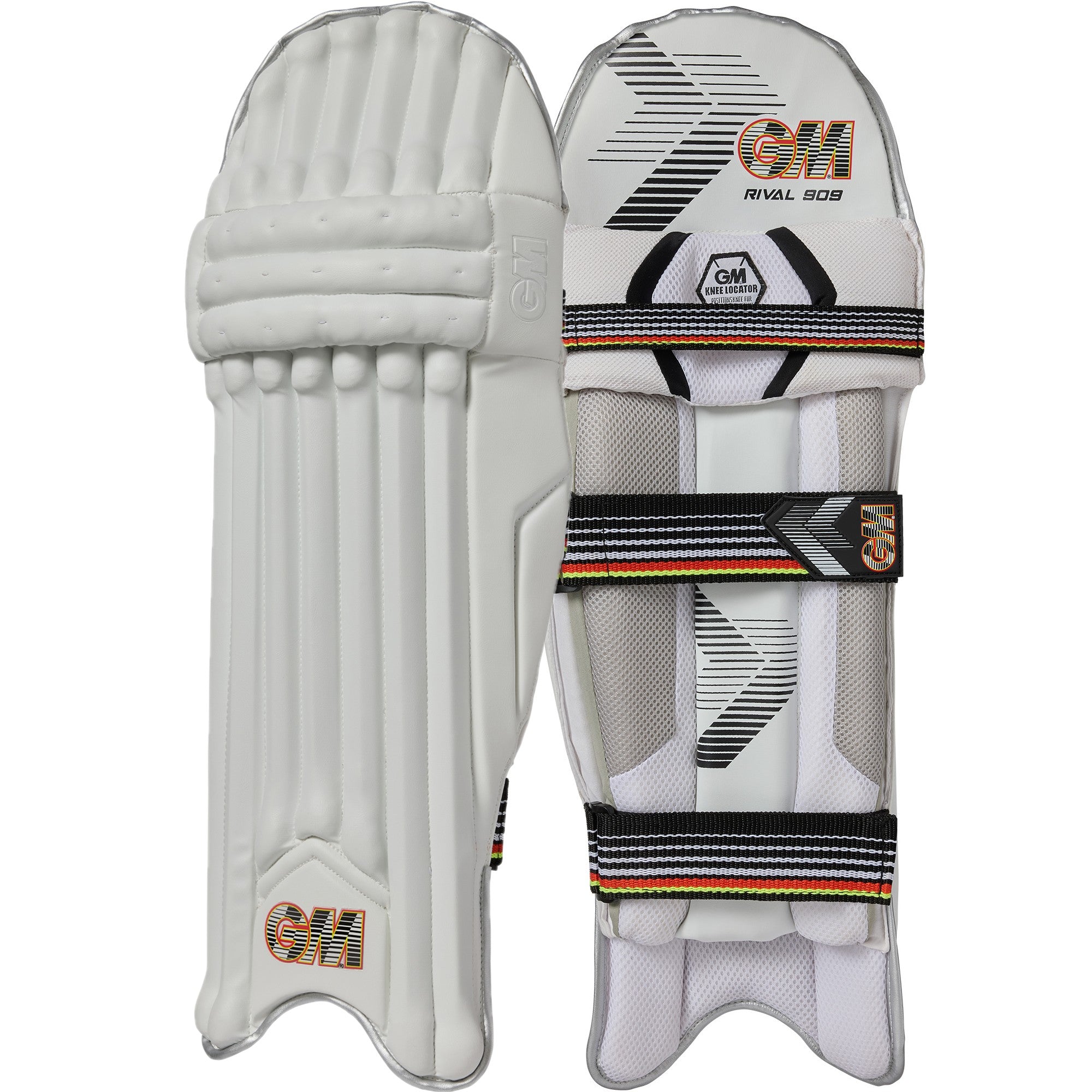 The Gunn & Moore Rival 909 Batting Pads 2026 in white feature black, orange, and yellow branding, padded sections, securing straps, and mesh panels for a lightweight design with professional-level protection.