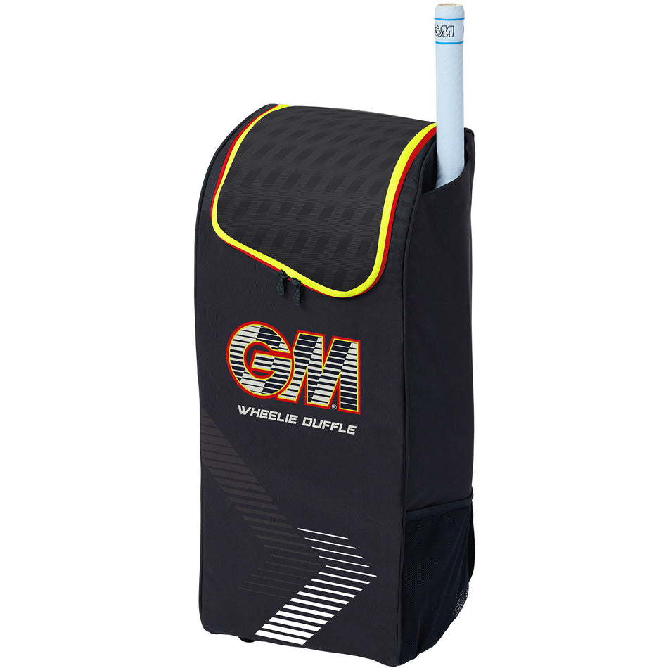 The Gunn & Moore Rival Wheelie Duffle 2026 is a black compact cricket bag with a zippered flap, yellow trim, and vibrant GM logo. A light blue bat handle sticks out on top, ideal for junior or starter players.