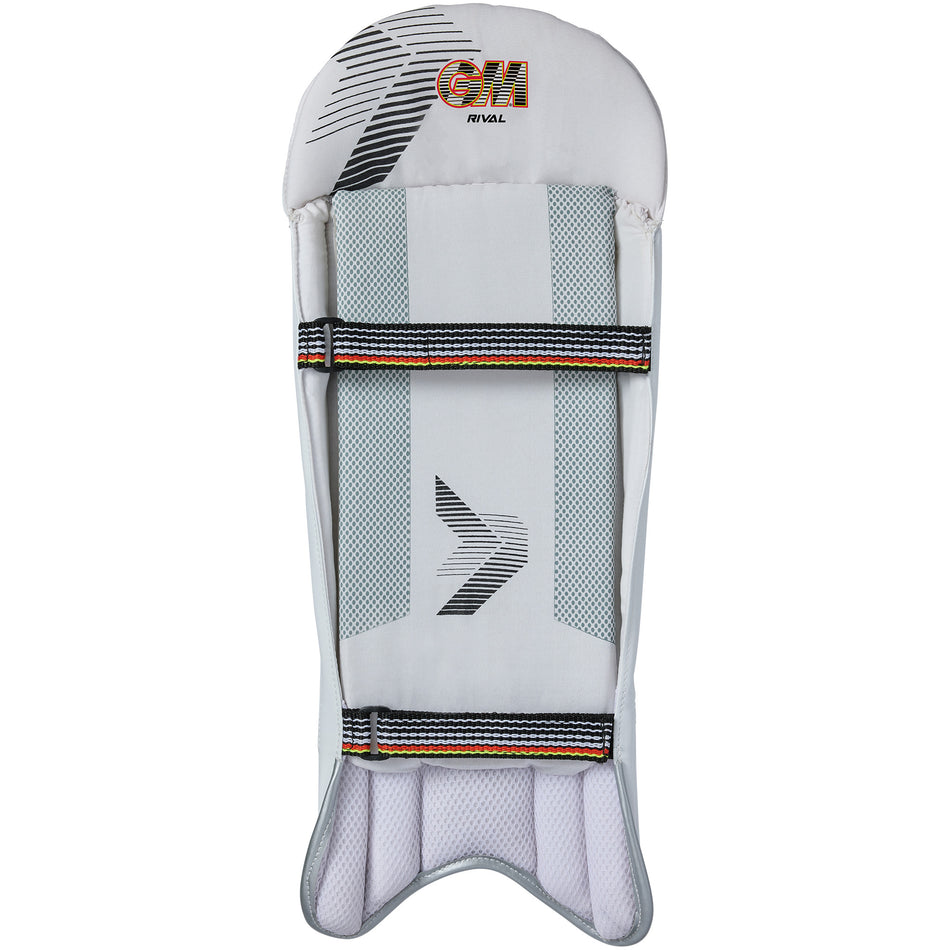 The Gunn & Moore Rival Wicket Keeping Pads 2026 feature a white design with black and orange accents, two adjustable straps, the GM logo at the top, and offer lightweight yet durable leg protection for wicket keepers.
