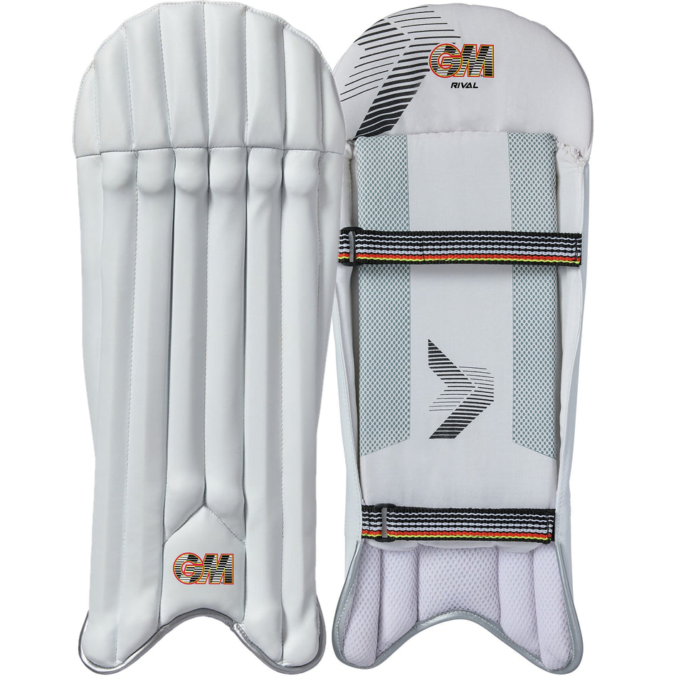 The Gunn & Moore Rival Wicket Keeping Pads 2026 are white, durable pads with vertical padding, black and orange GM logos, and adjustable back straps. Lightweight for protection, they are shown from front and back.