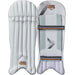 The Gunn & Moore Rival Wicket Keeping Pads 2026 are white, durable pads with vertical padding, black and orange GM logos, and adjustable back straps. Lightweight for protection, they are shown from front and back.