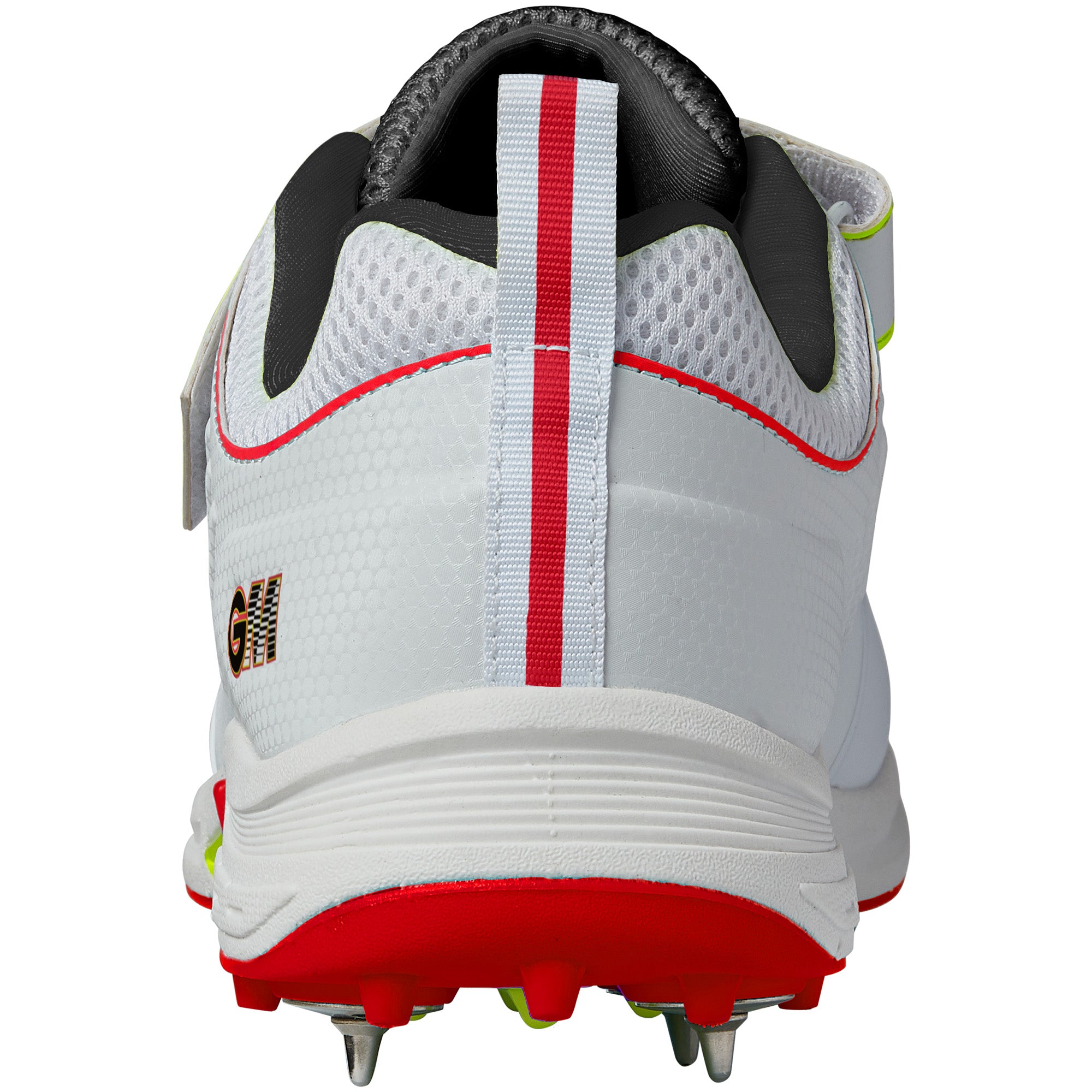 The Gunn & Moore Rival+ Cricket Spikes, by Gunn & Moore, are white athletic cricket shoes with red accents, steel spikes, a mesh upper, black cushioned collar, and a red and white heel pull tab—ideal for serious players.