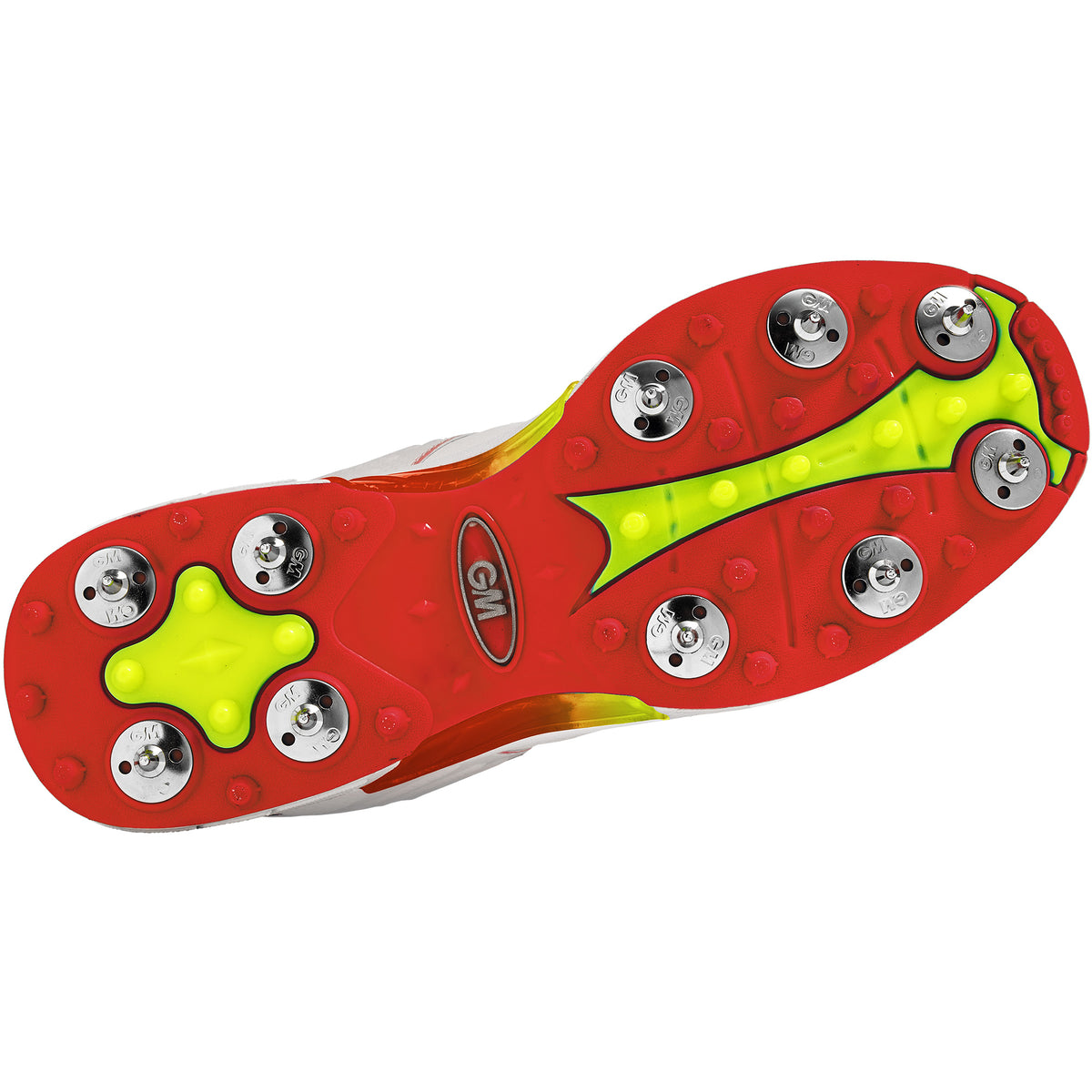 The image displays the sole of the Gunn & Moore Rival+ Cricket Spikes, featuring a red and yellow design with steel spikes and rubber studs for optimal grip. The Gunn & Moore logo is visible at the center, ideal for cricket and other field sports.