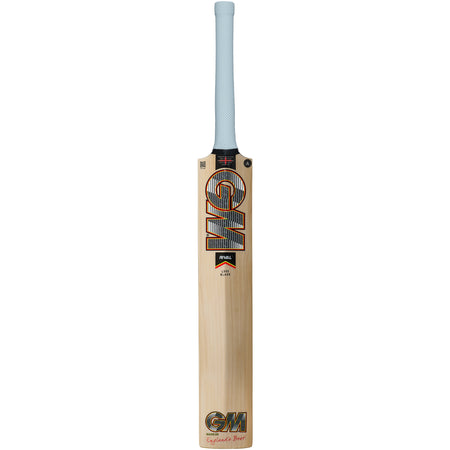 The Gunn & Moore Rival DXM Senior Cricket Bat 2026 features English Willow, a light blue Apex grip, GM branding in black, gold, and red on the front, and a low swell profile for powerful shots.