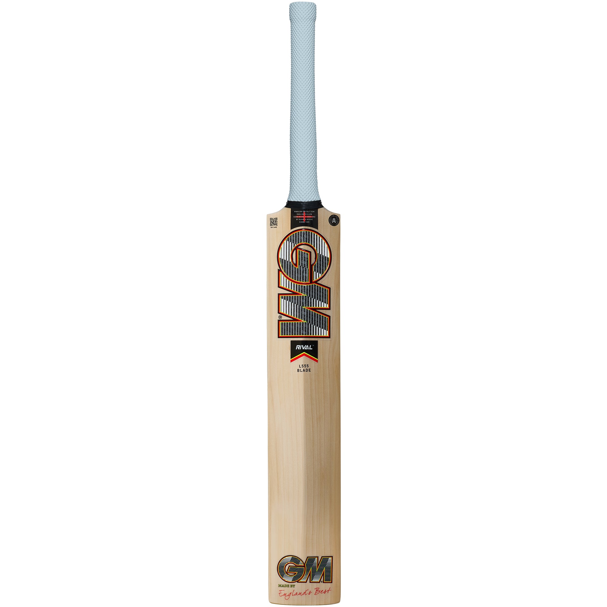 The Gunn & Moore Rival DXM Senior Cricket Bat 2026 features English Willow, a light blue Apex grip, GM branding in black, gold, and red on the front, and a low swell profile for powerful shots.