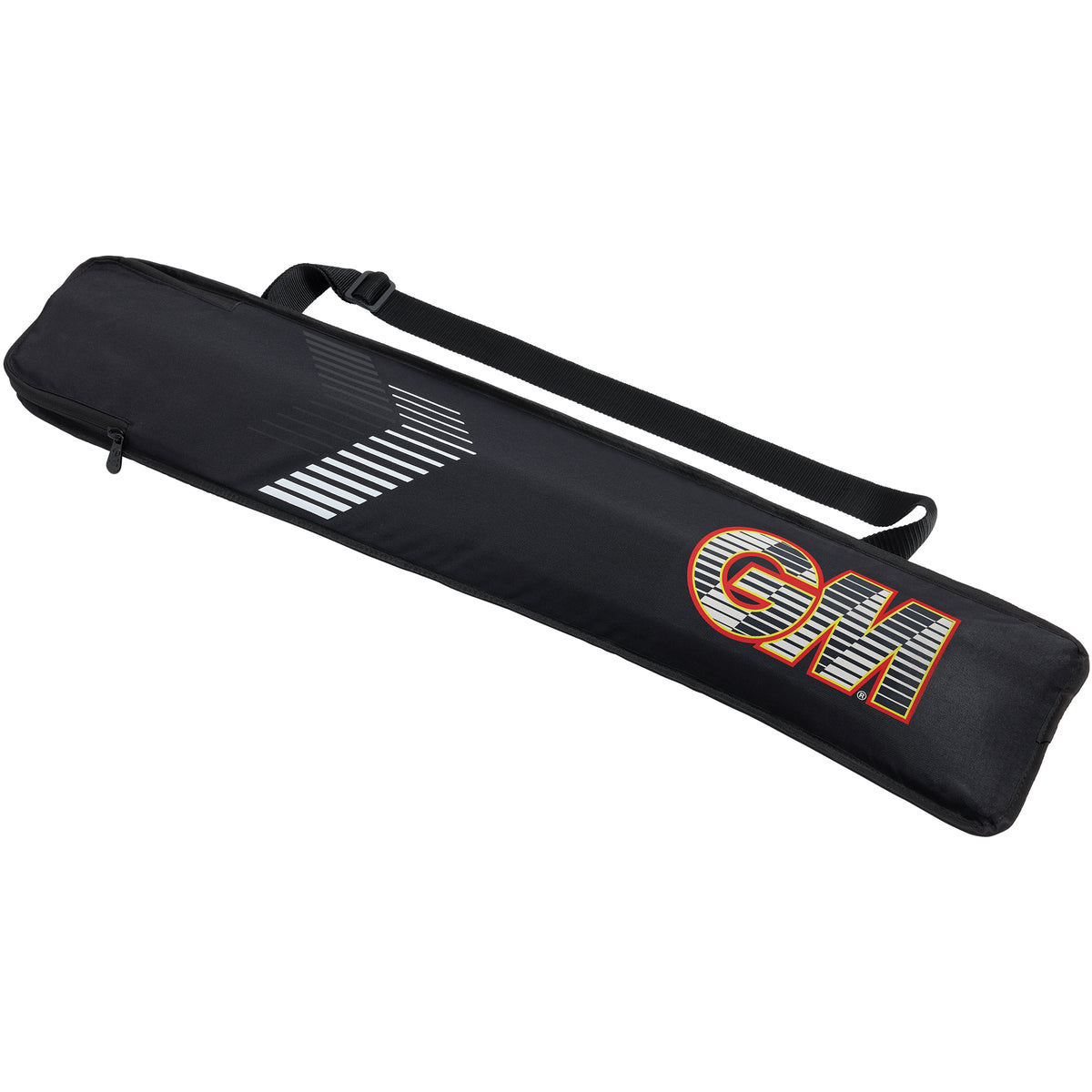 The Gunn & Moore Full Length Bat Cover 2026 is a water-resistant black bat cover with a carry strap, white diagonal lines, and bold orange and white GM branding at one end.