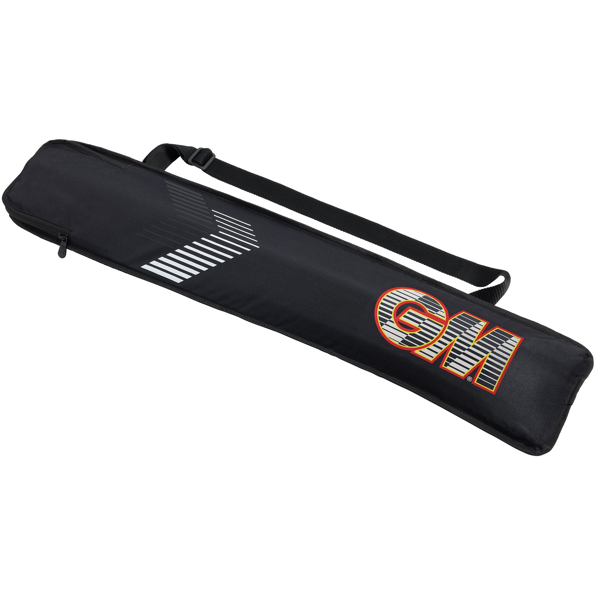 The Gunn & Moore Full Length Bat Cover 2026 is a water-resistant black bat cover with a carry strap, white diagonal lines, and bold orange and white GM branding at one end.