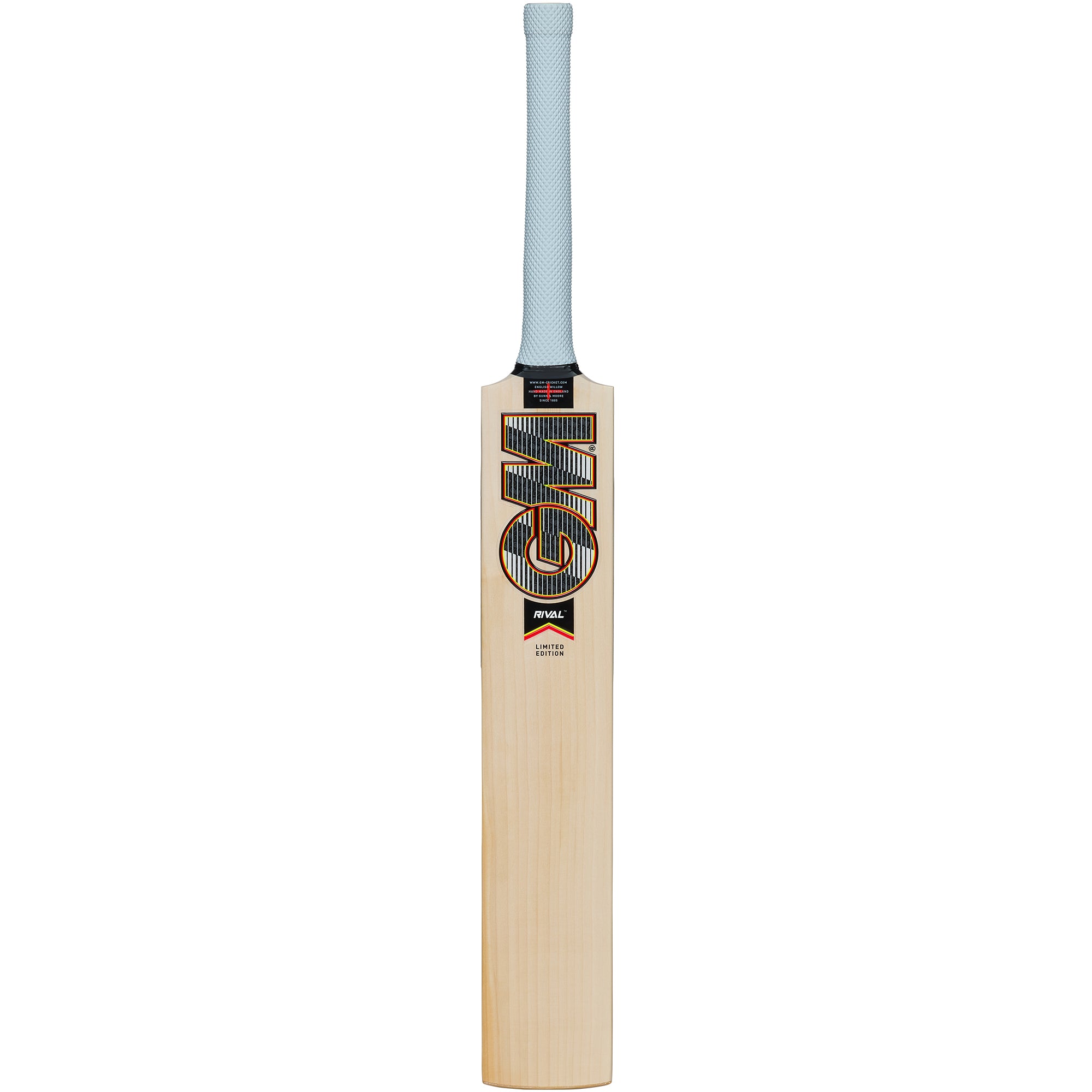 The Gunn & Moore Rival DXM Senior Cricket Bat 2026 features a smooth, polished English Willow blade, low swell profile for powerful shots, and a light blue Apex grip with prominent GM branding on the front.