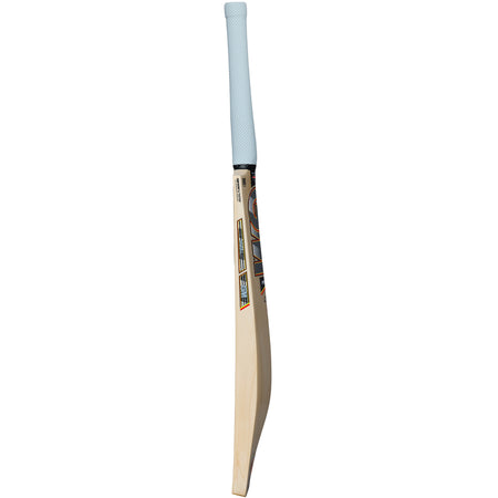 The Gunn & Moore Rival DXM Senior Cricket Bat 2026 stands upright on its edge against a white background, showcasing its English Willow construction, light blue Apex grip, low swell profile, and front sticker.
