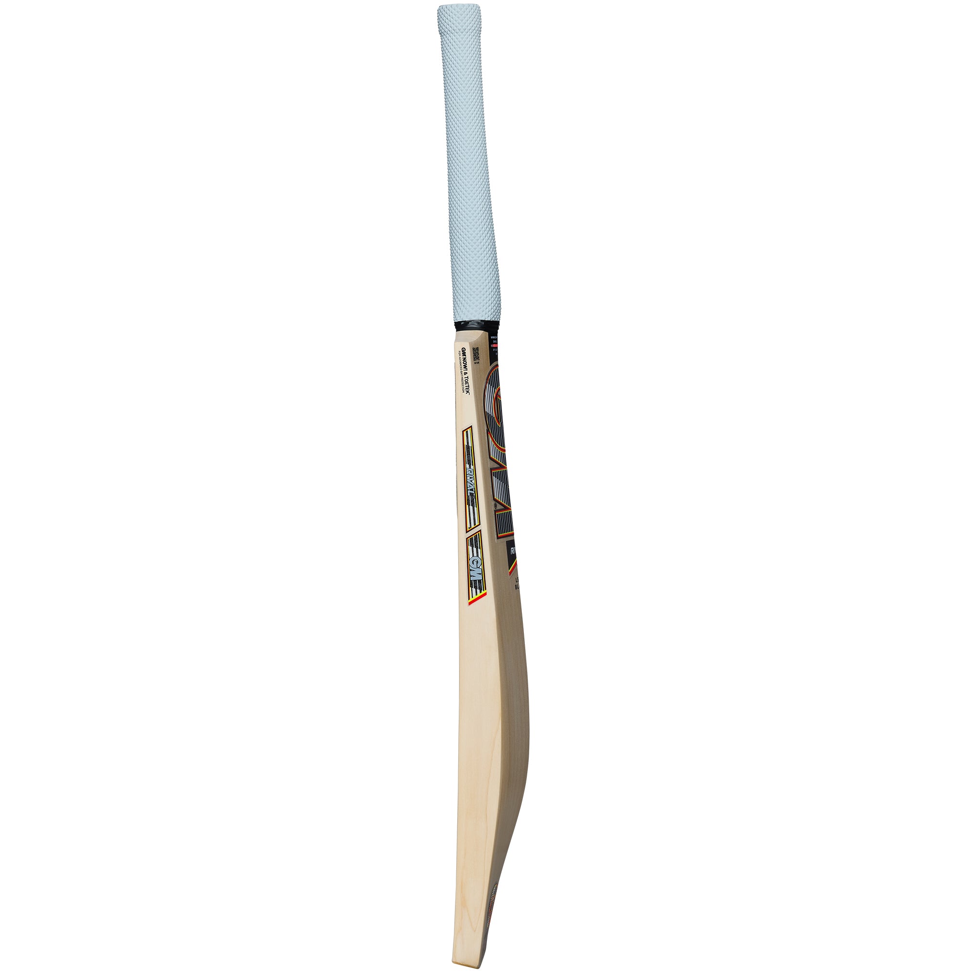 The Gunn & Moore Rival DXM Junior Cricket Bat 2026 features an Apex grip, a natural wood finish, and black and orange blade branding. Crafted from English willow, it stands upright on its toe.