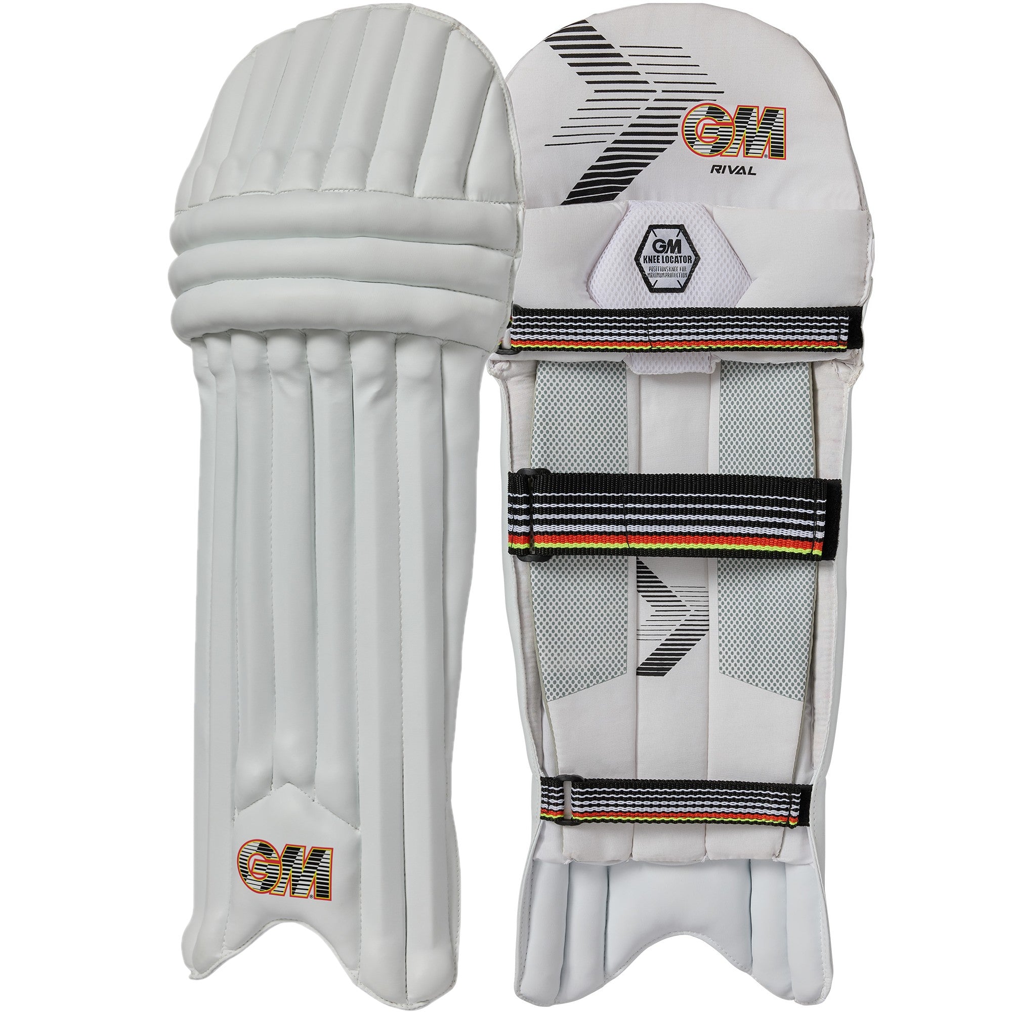 A pair of Gunn & Moore Rival Ambidextrous Batting Pads 2026, featuring white padded fronts with the GM logo, and backs with adjustable black straps and mesh panels for entry-level protection.