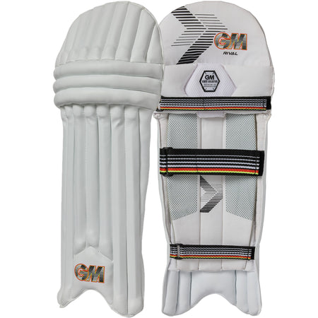 A pair of Gunn & Moore Rival Ambidextrous Batting Pads 2026, featuring white padded fronts with the GM logo, and backs with adjustable black straps and mesh panels for entry-level protection.