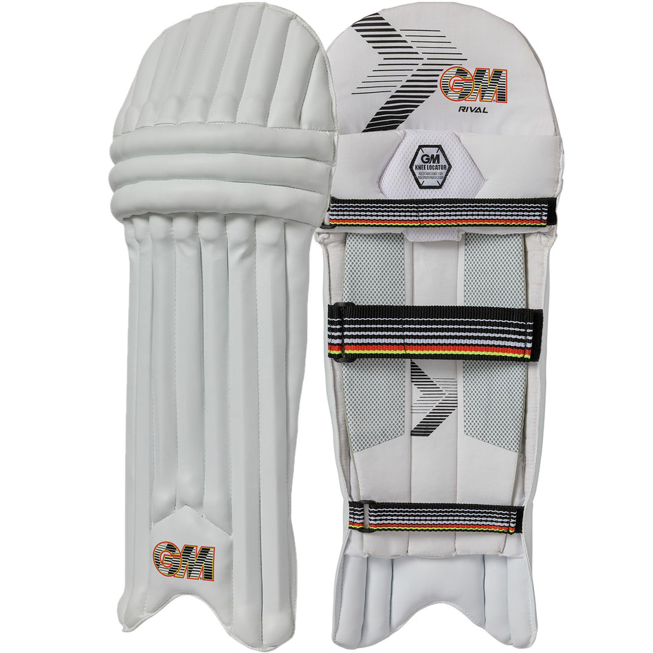 A pair of Gunn & Moore Rival Ambidextrous Batting Pads 2026, featuring white padded fronts with the GM logo, and backs with adjustable black straps and mesh panels for entry-level protection.