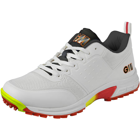 The Gunn & Moore Rival Allrounder Cricket Shoe is a lightweight white athletic shoe with black laces, red, yellow, and orange accents on the sole, a black tongue, GM branding, a textured sole, and a breathable mesh upper for comfort.