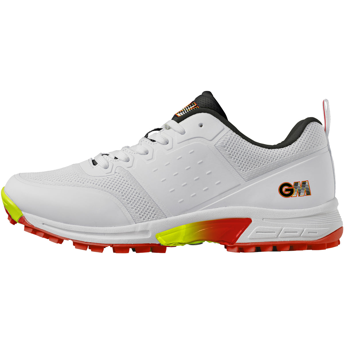 The Gunn & Moore Rival Allrounder Cricket Shoe is a lightweight white cricket shoe with neon yellow and red accents, black inner lining, GM logo on the heel, textured sole, white laces, and perforated side panel for breathability.