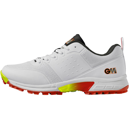 The Gunn & Moore Rival Allrounder Cricket Shoe is a lightweight white cricket shoe with neon yellow and red accents, black inner lining, GM logo on the heel, textured sole, white laces, and perforated side panel for breathability.