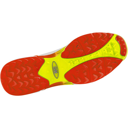 The image shows the sole of the Gunn & Moore Rival Allrounder Cricket Shoe with a vivid red and neon yellow tread pattern, featuring the Gunn & Moore logo at the center. The textured sole provides grip and traction, perfect for lightweight cricket footwear.
